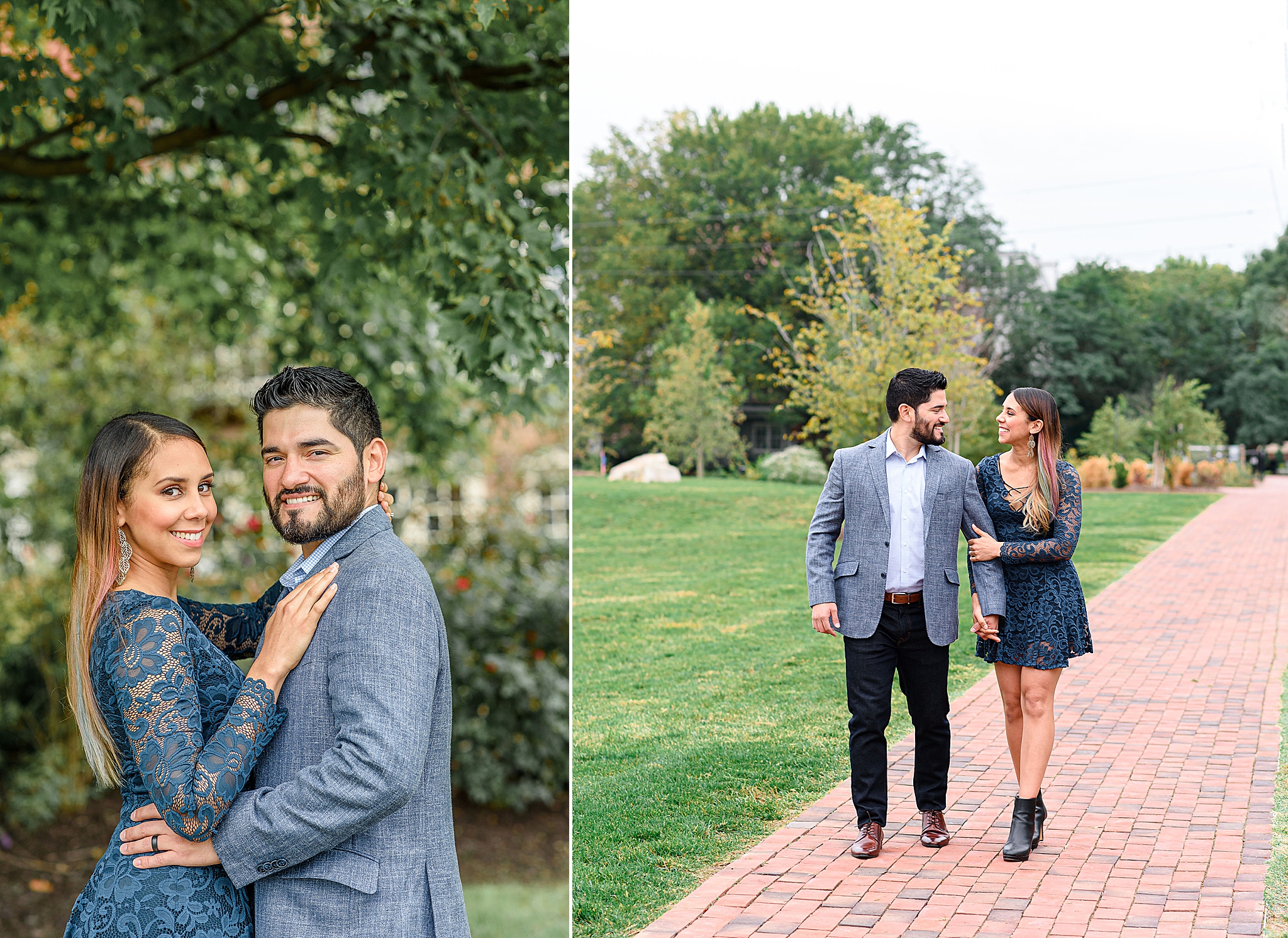 engaged couple walks through Virginia garden