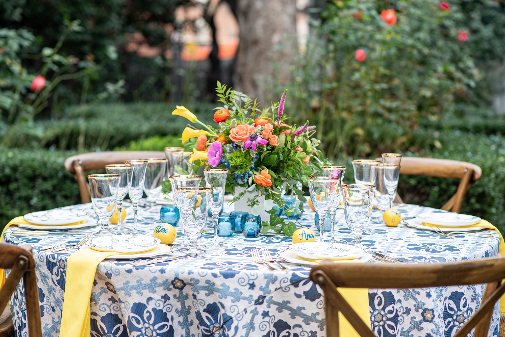 blue and yellow reception details for Italian inspired microwedding