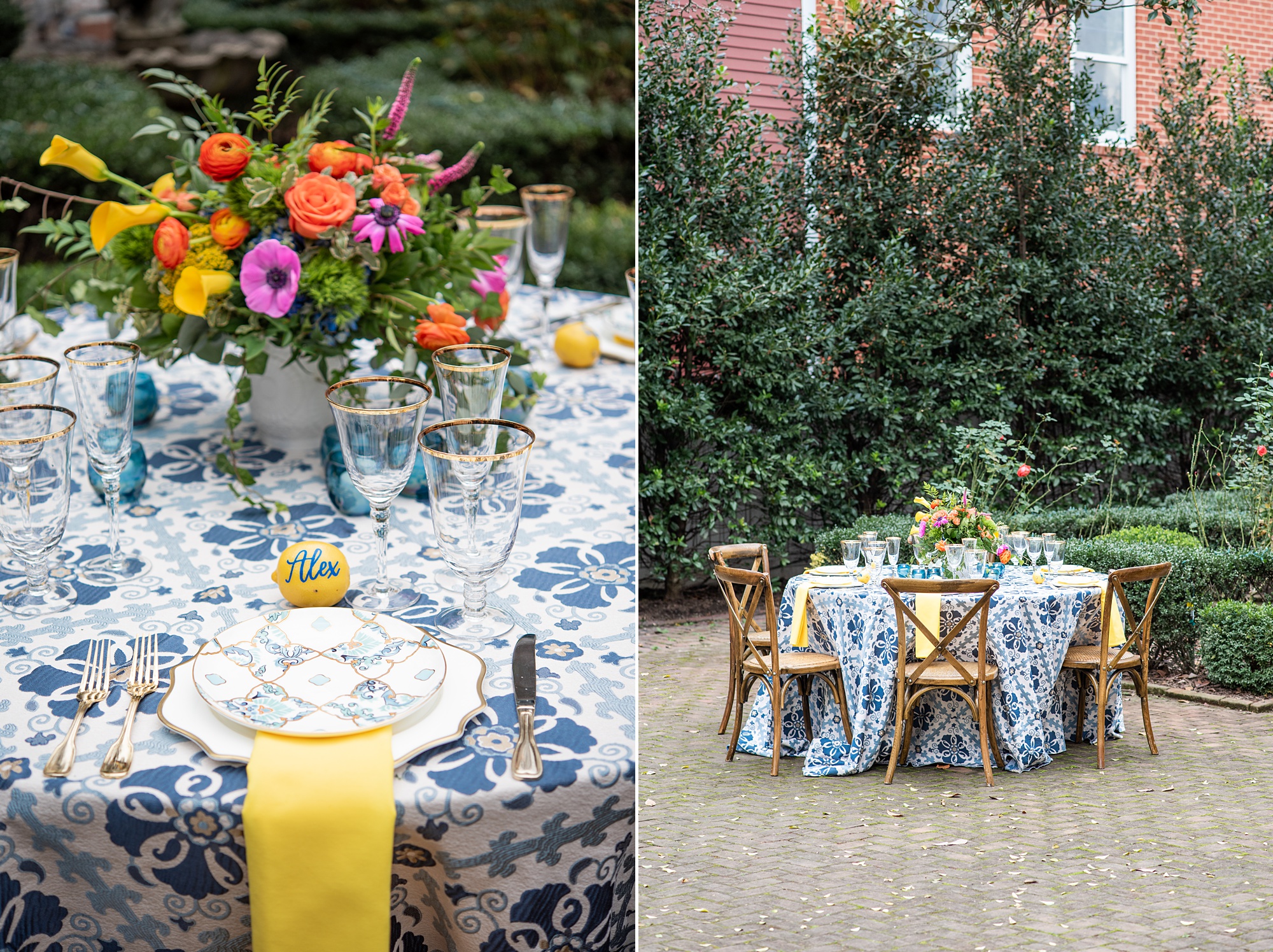 Italian inspired microwedding reception details with blue and yellow