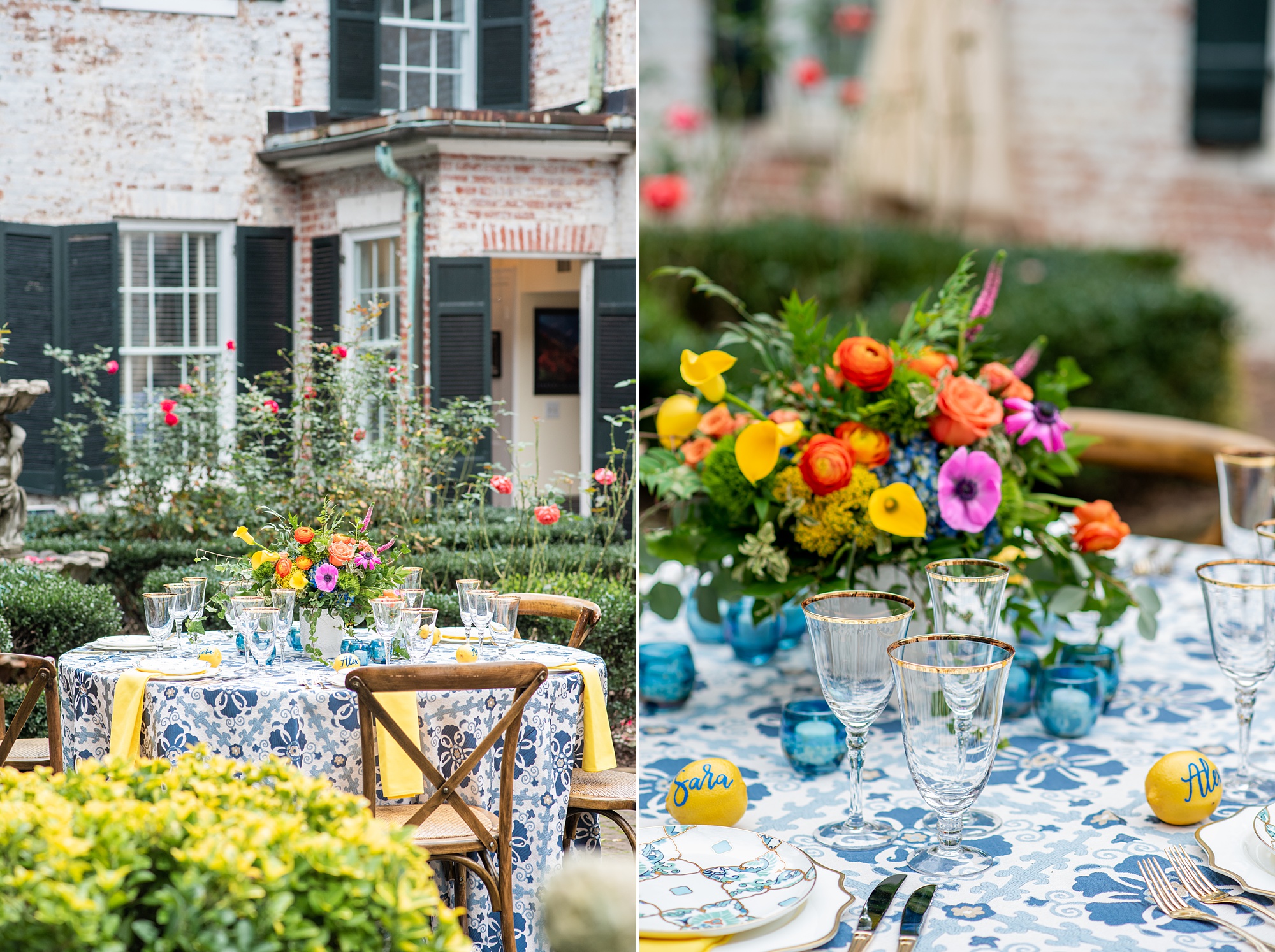 Italian inspired microwedding reception inspiration with blue and yellow details