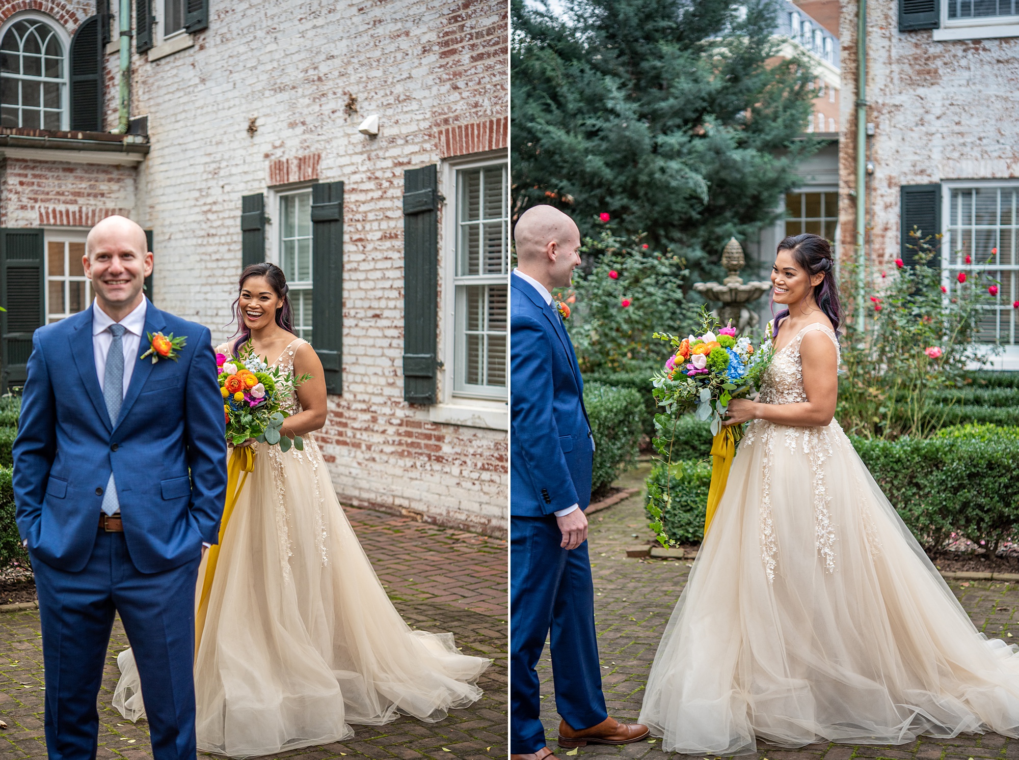 couple smiles during first look during Italian inspired microwedding
