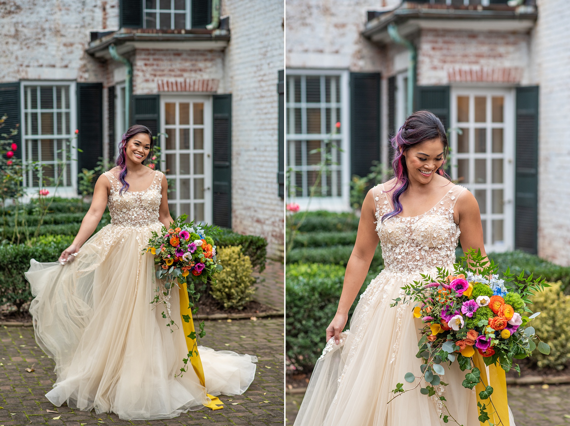 bride in wedding gown with amber tint laughs during portraits
