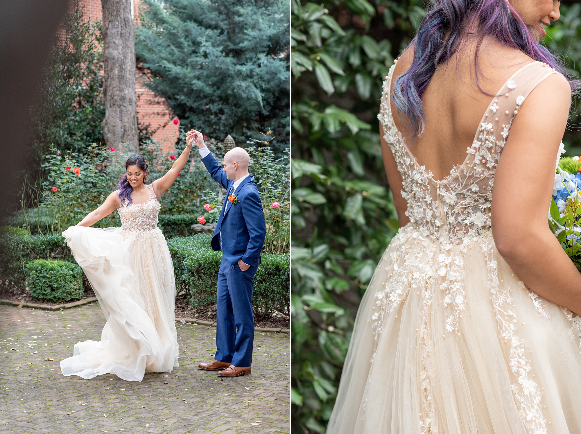 groom twirls bride in wedding gown with amber tint