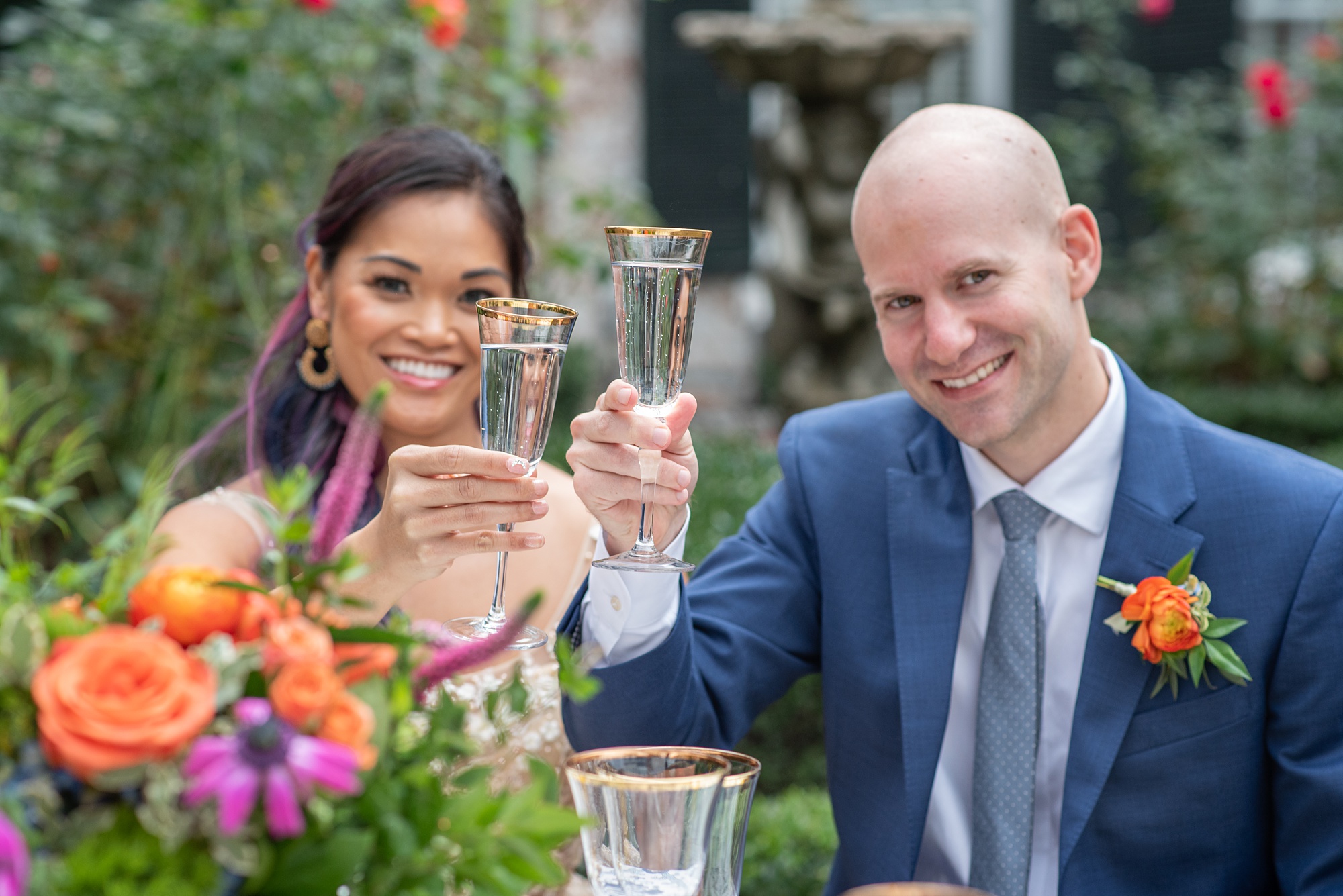 newlyweds toast with champagne 