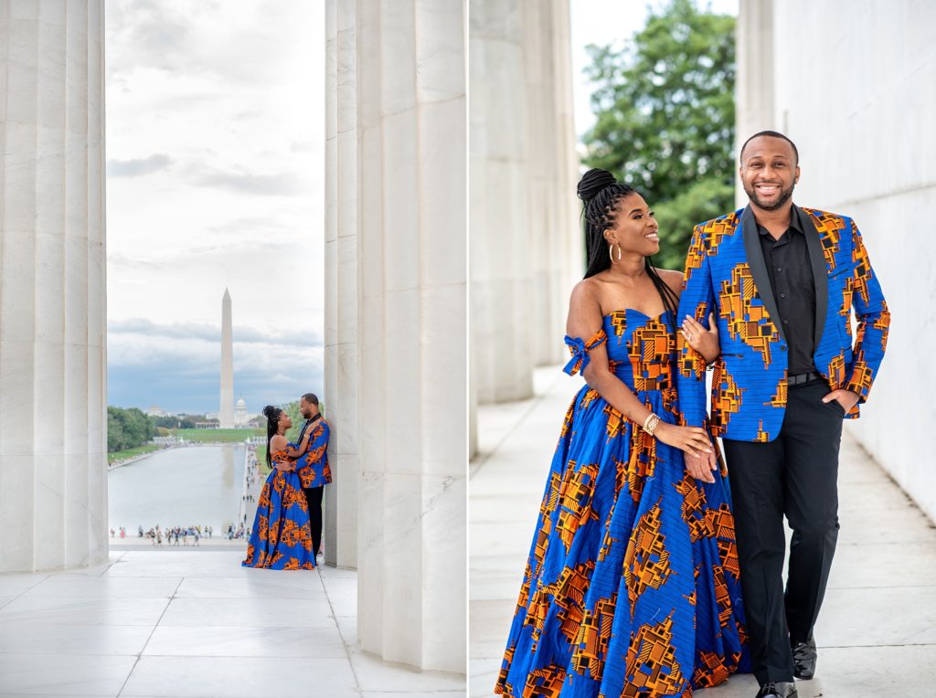 engaged couple laughs during DC engagement photos in Lincoln Memorial