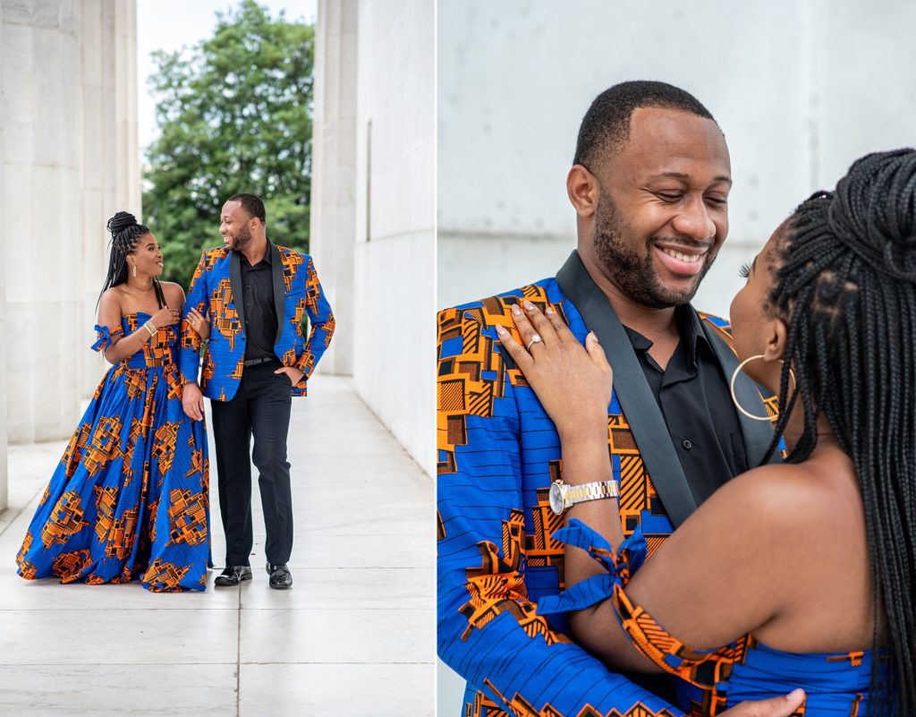 Lincoln Memorial engagement session with traditional African attire