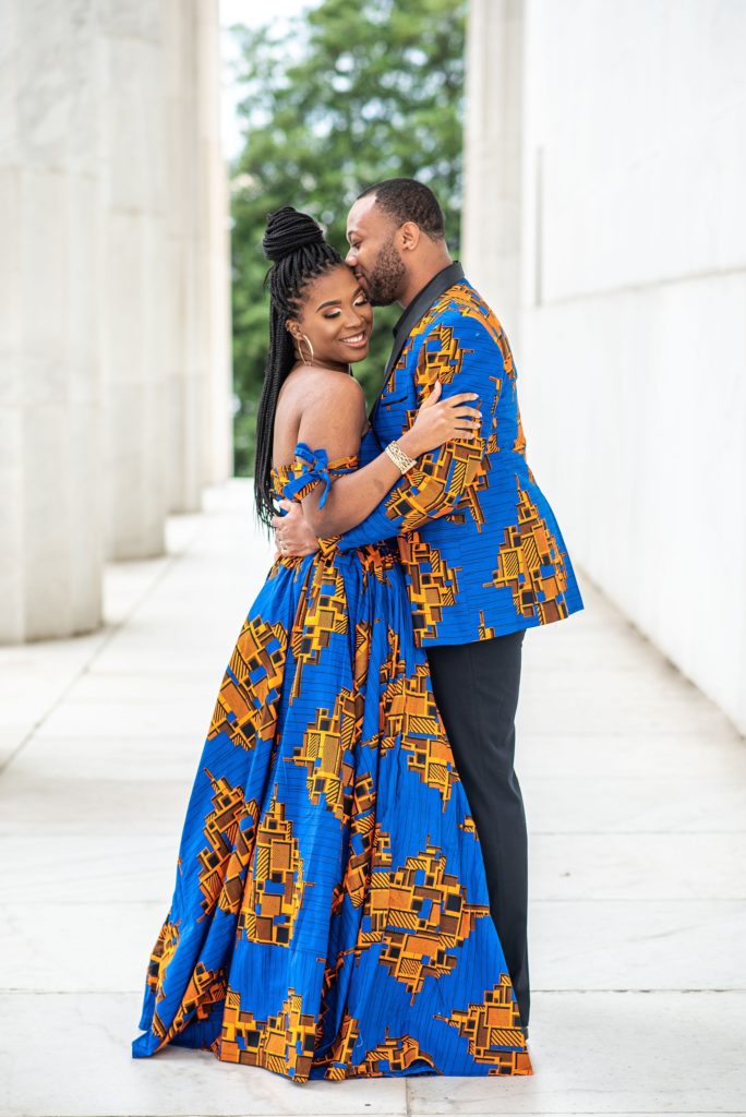 Lincoln Memorial engagement session with couple in blue and orange African attire