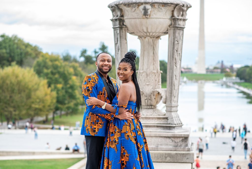 Washington DC engagement session with couple in traditional African attire