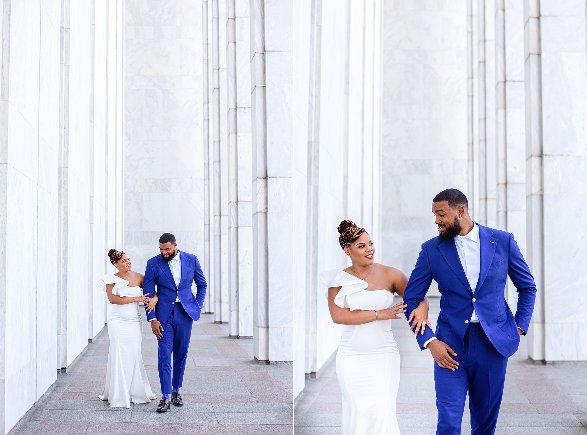 couple walks through Library of Congress for anniversary portraits