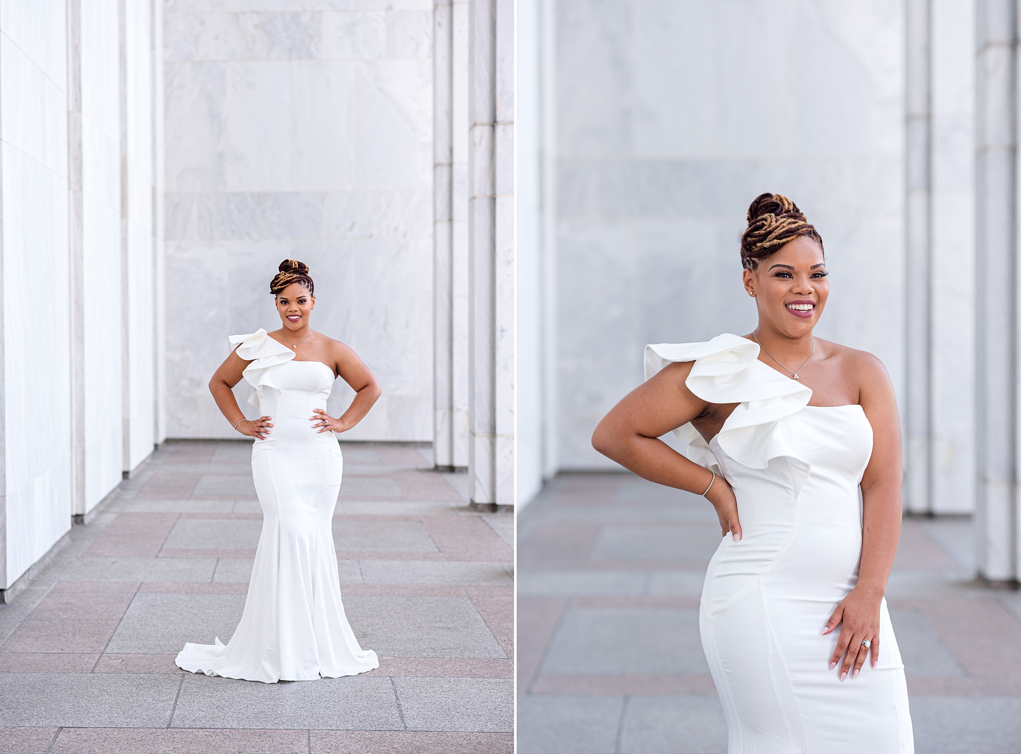 wife in white designer gown poses during DC anniversary session