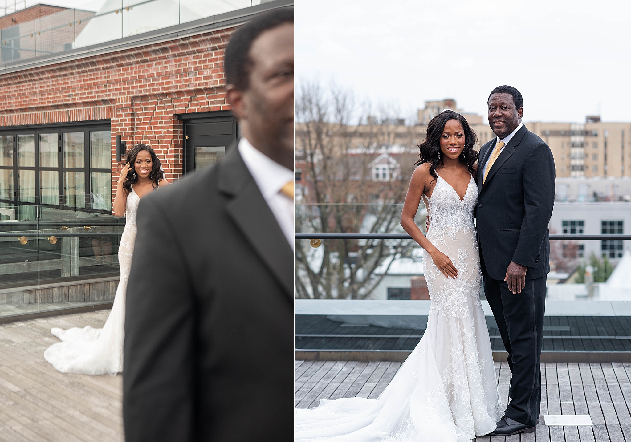 bride and dad have first look on rooftop of LINE DC