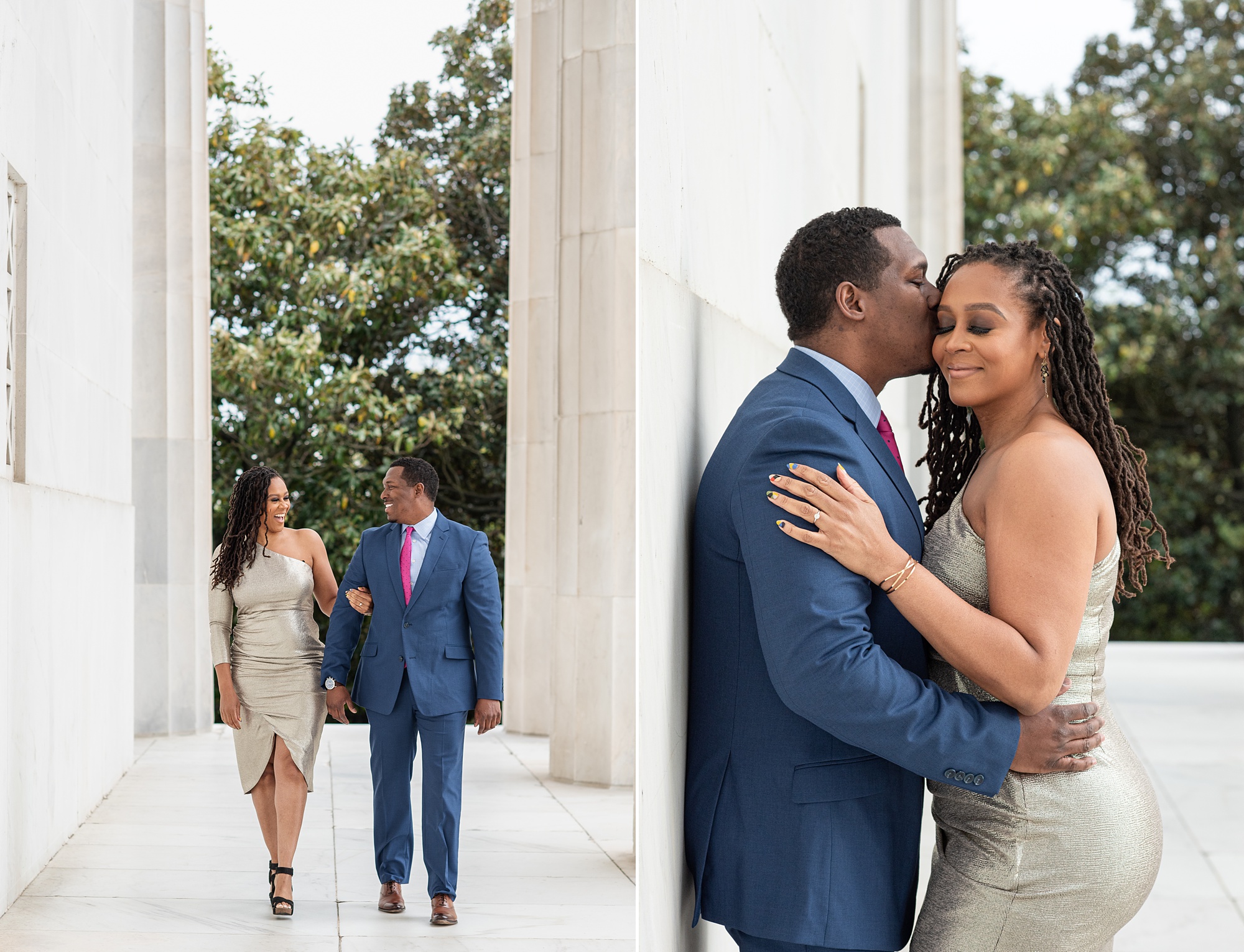 groom hugs bride during Lincoln Memorial engagement portraits