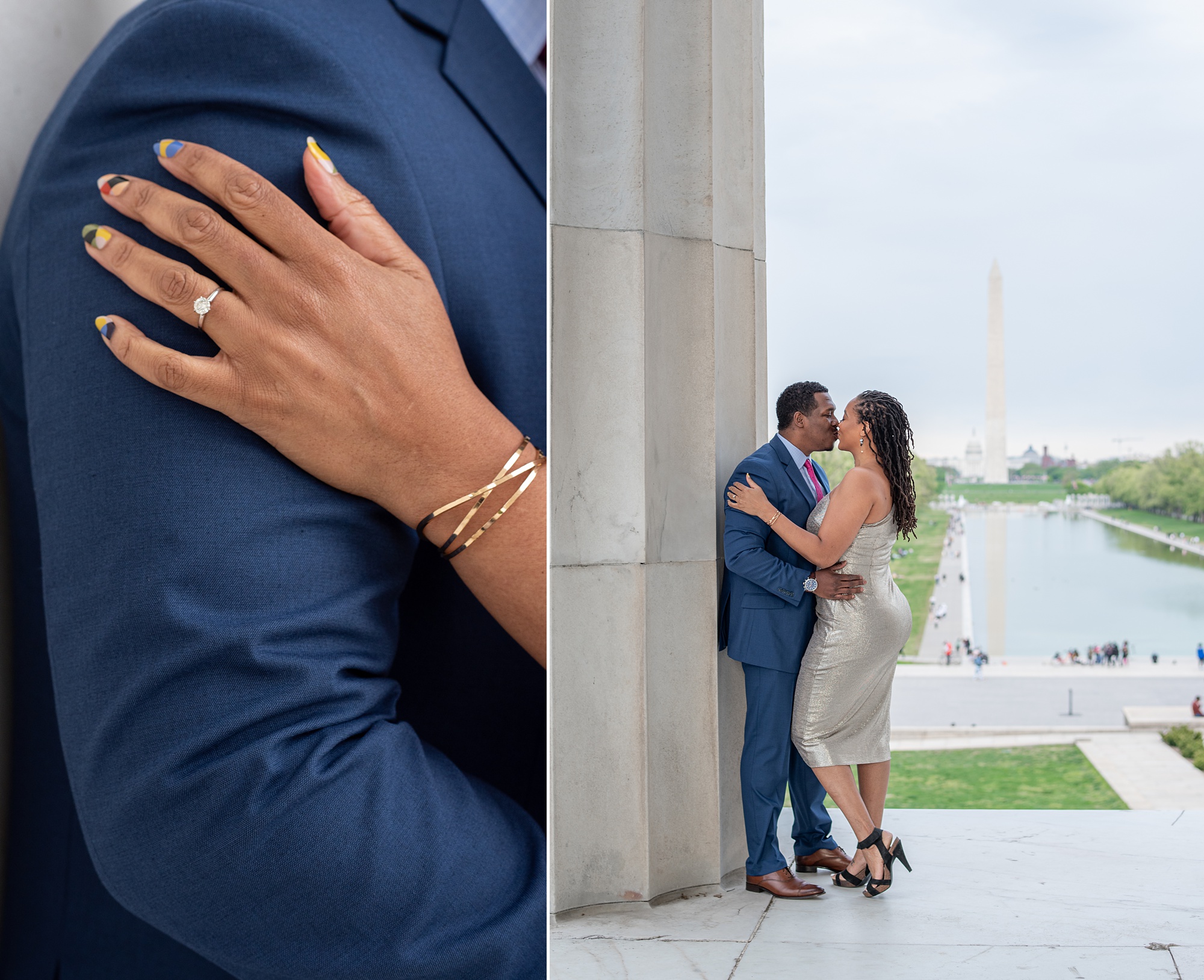 bride and groom lean against column of Lincoln Memorial