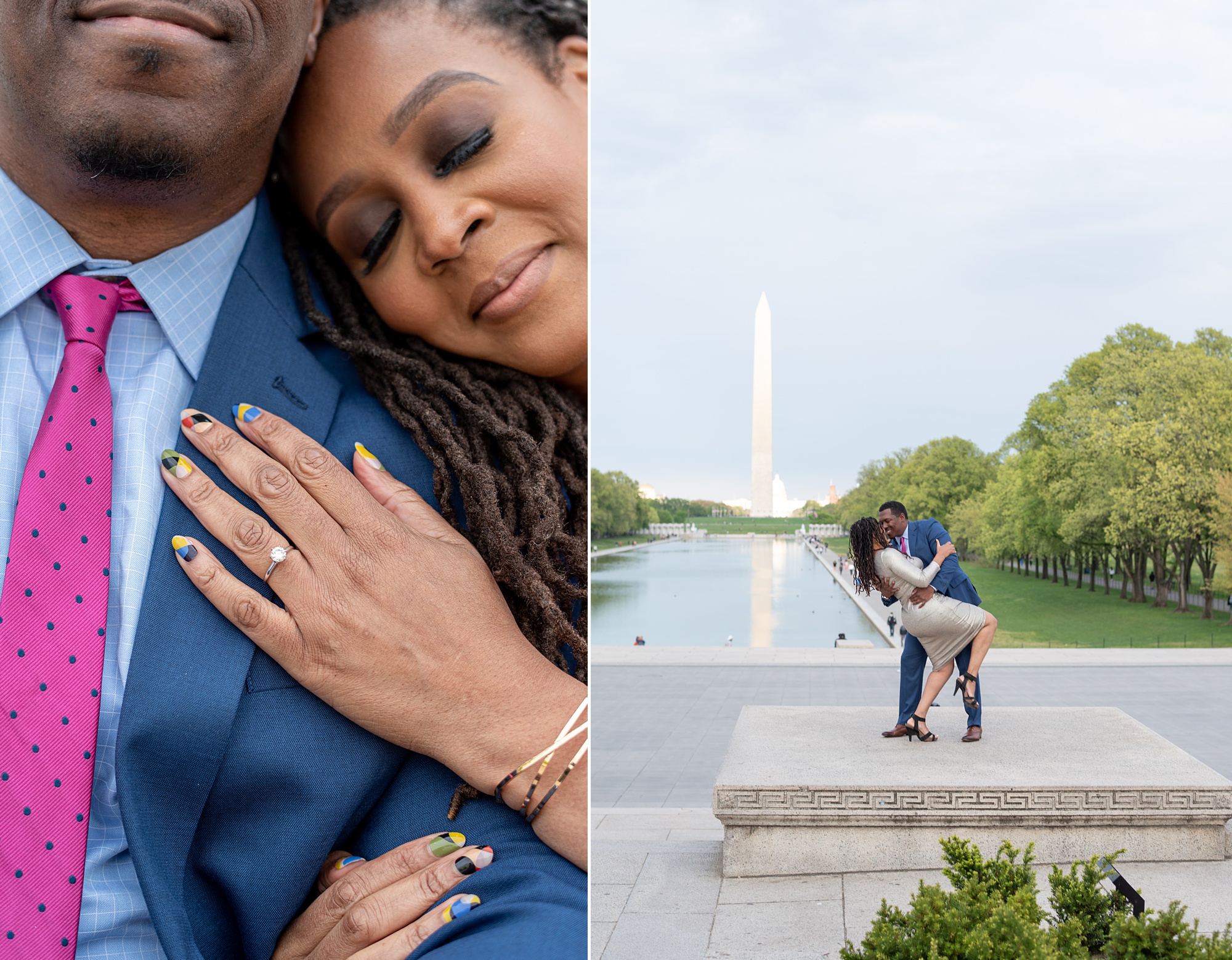 bride leans on groom's shoulder during DC engagement photos by Reflection Pool
