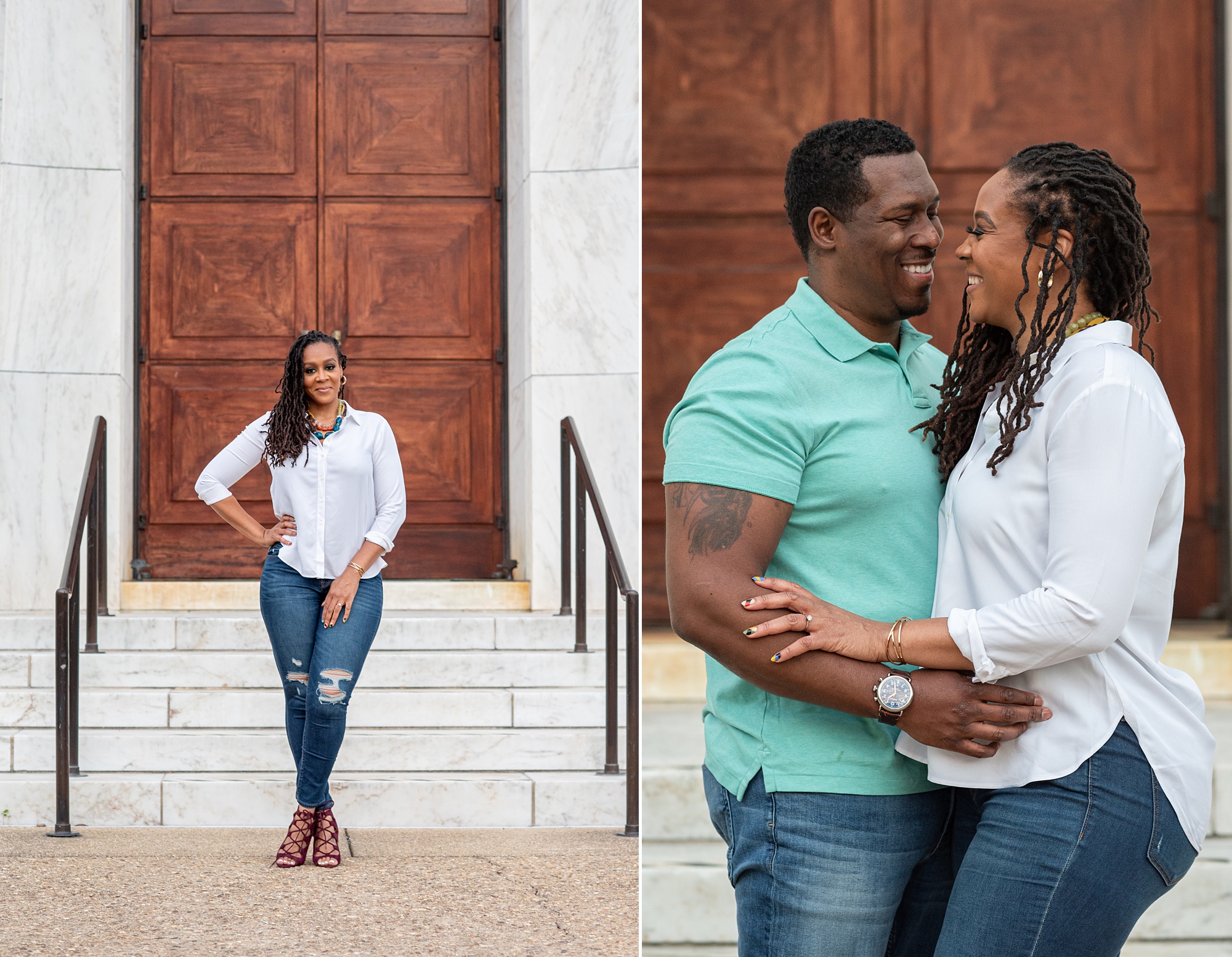 couple poses by wooden doors in Washington DC