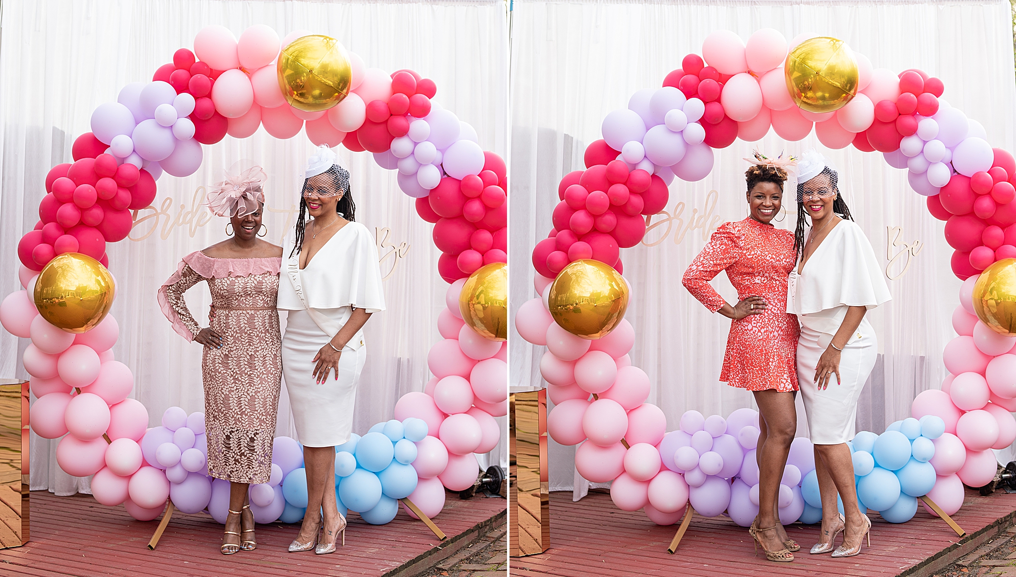 bride and family pose by balloon arch during Maryland bridal shower