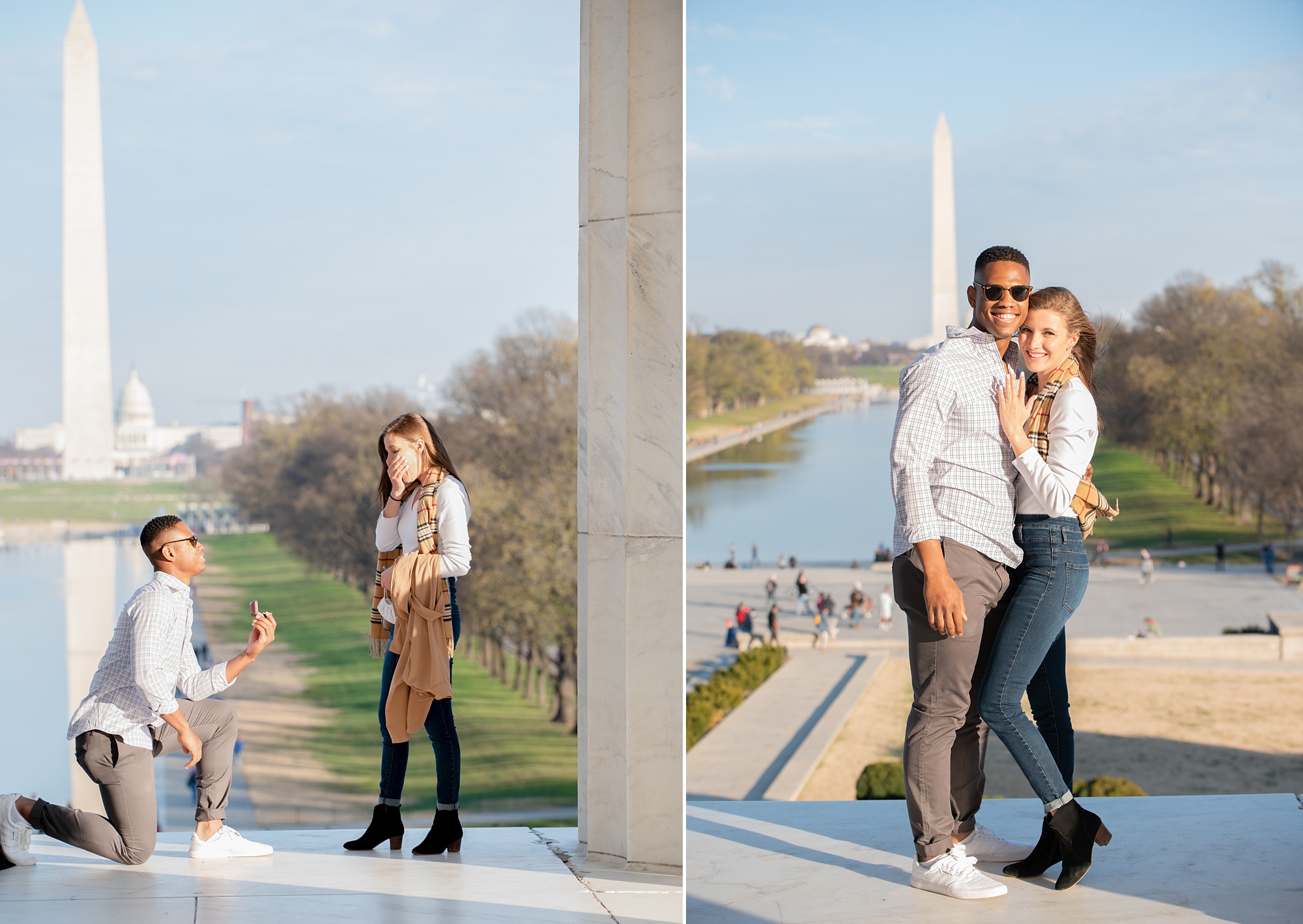 DC wedding photographer photographs couple after being engaged on Lincoln Memorial 