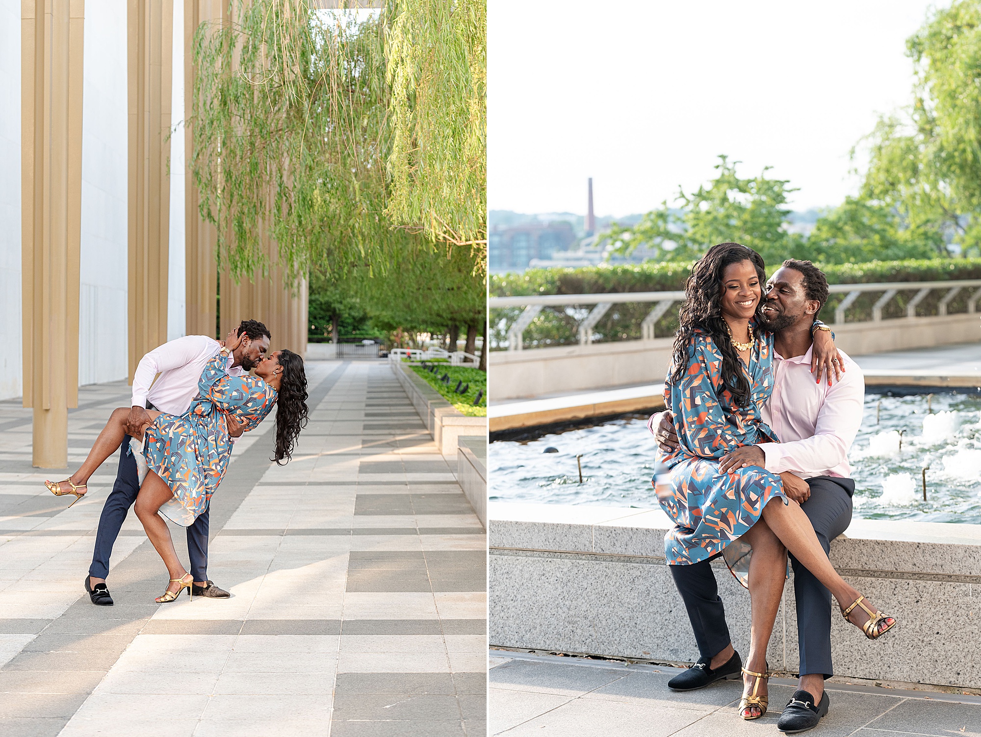 couple sits by fountain on rooftop of Kennedy Center