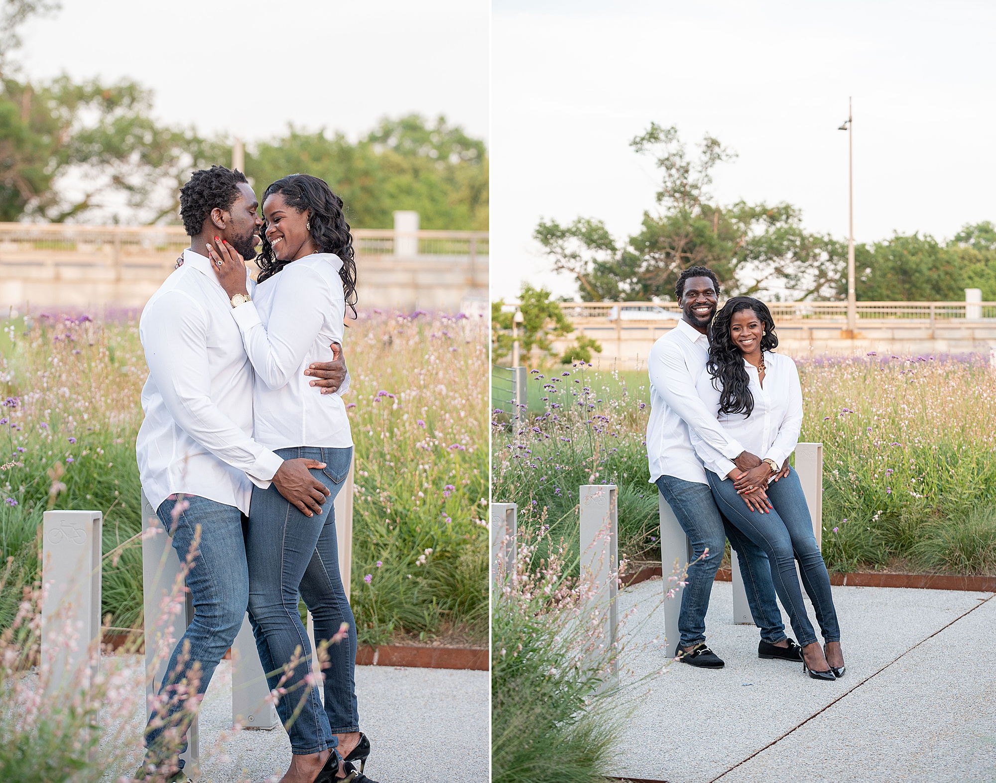 engaged couple poses near waterfront in DC