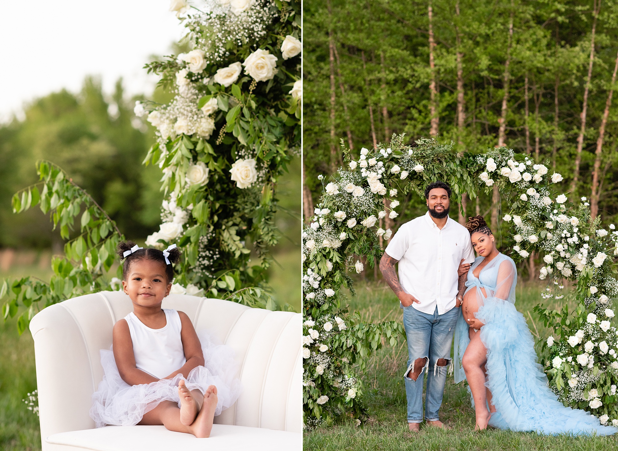 spring maternity portraits under floral arbor with white roses