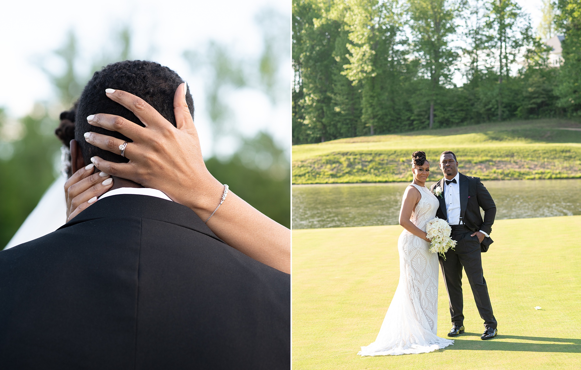 bride and groom pose on green at Upper Marlboro Lake Presidential Golf Course