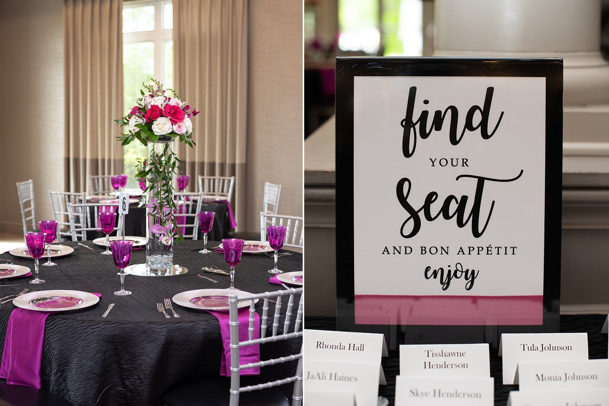 pink and black wedding details at Upper Marlboro Lake Presidential Golf Course