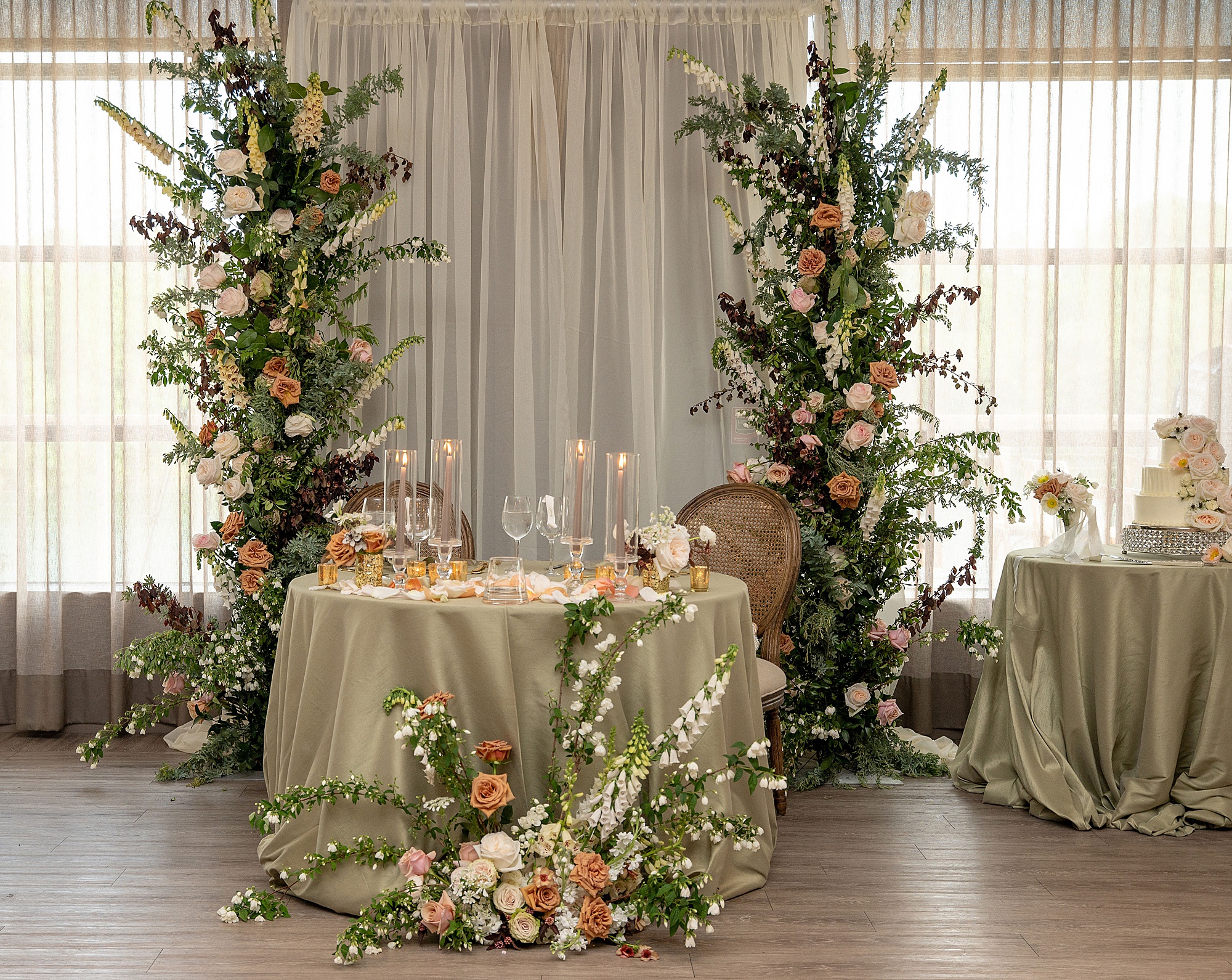 sweetheart table with floral display during elegant Baltimore microwedding