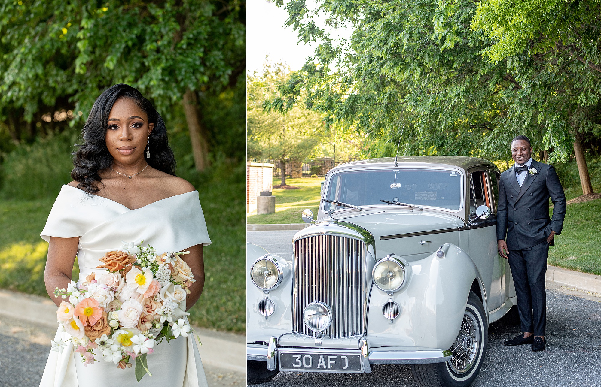 bride poses by classic car during Maryland weddings photos 