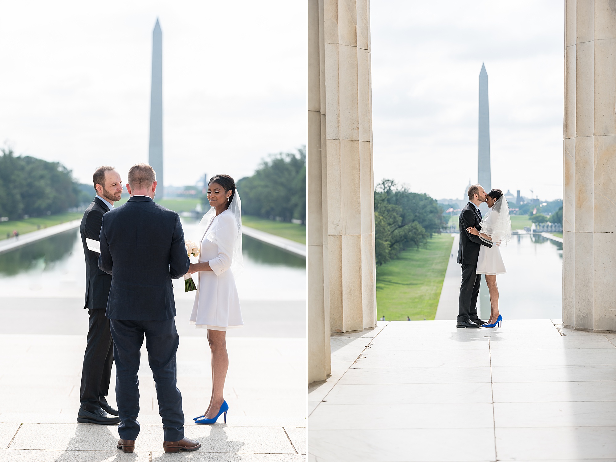 Lincoln Memorial wedding ceremony with Reflecting Pool behind couple 