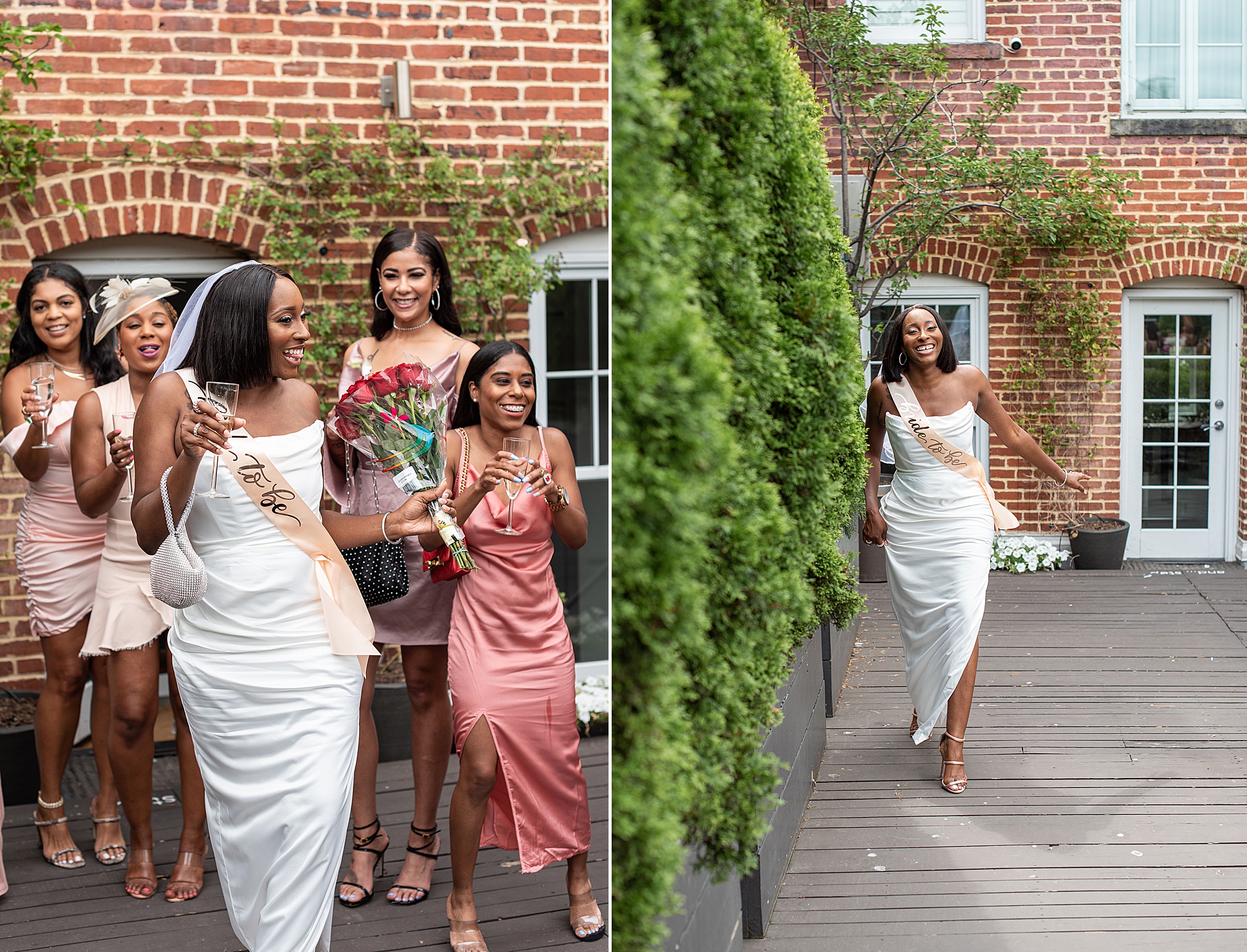 bride laughs with bridesmaids during Fathom Gallery bridal shower