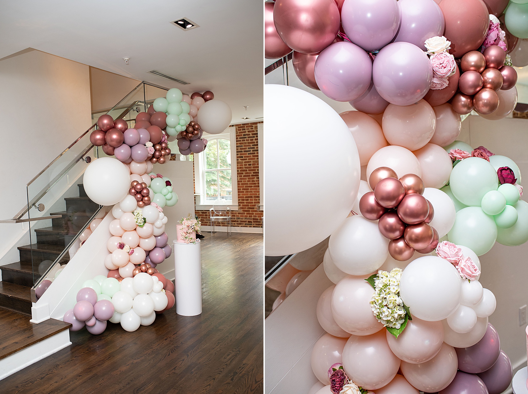 balloon garland on staircase in Washington DC for bridal shower