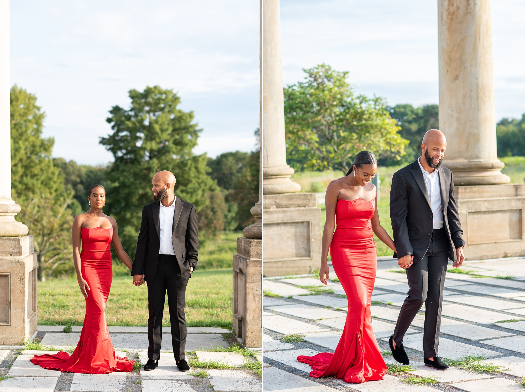 National Arboretum engagement session for couple in red dress and suit 