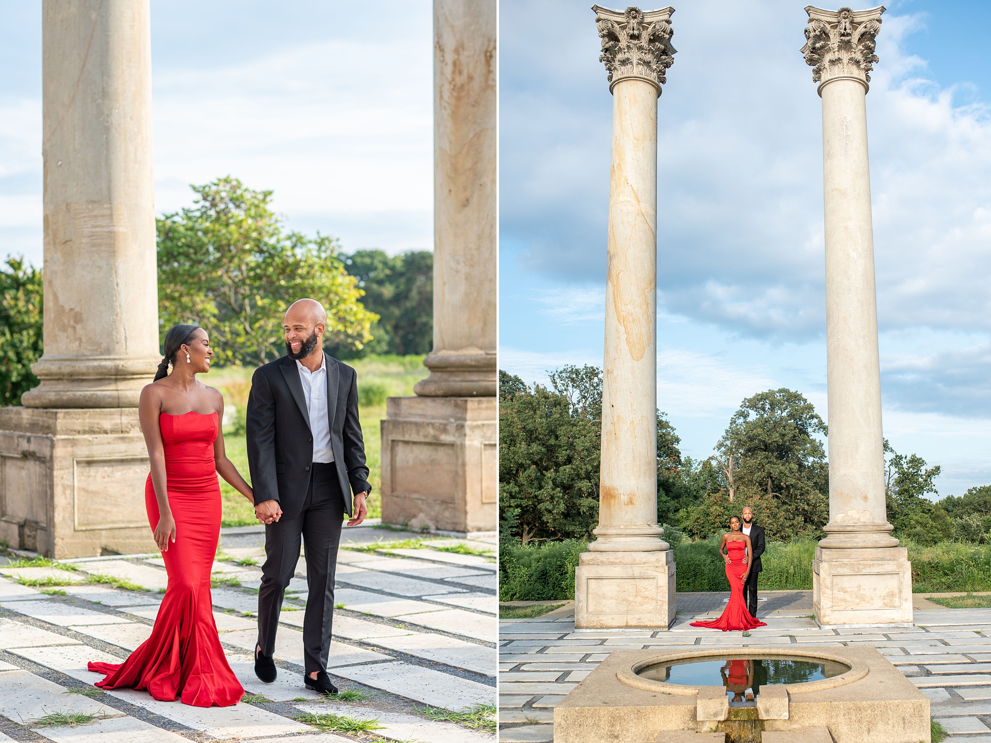 couple walks through National Arboretum during engagement photos