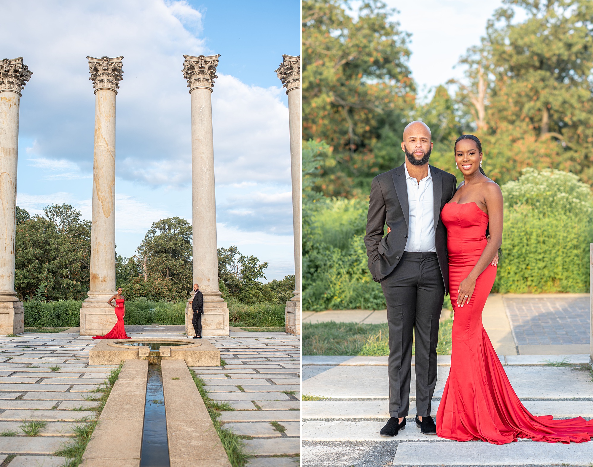 engaged couple poses by columns during National Arboretum engagement session