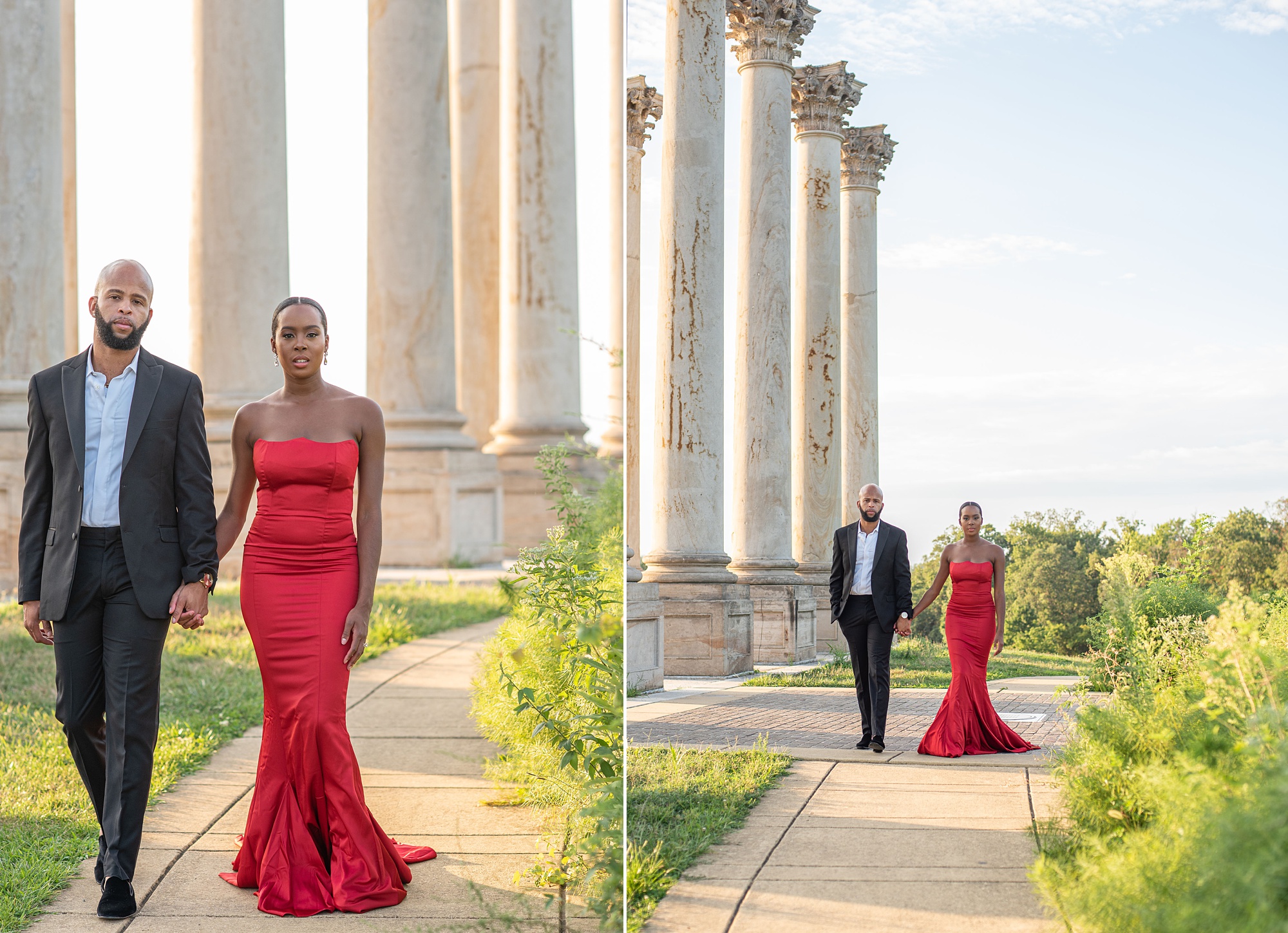 bride and groom walk through National Arboretum during engagement photos