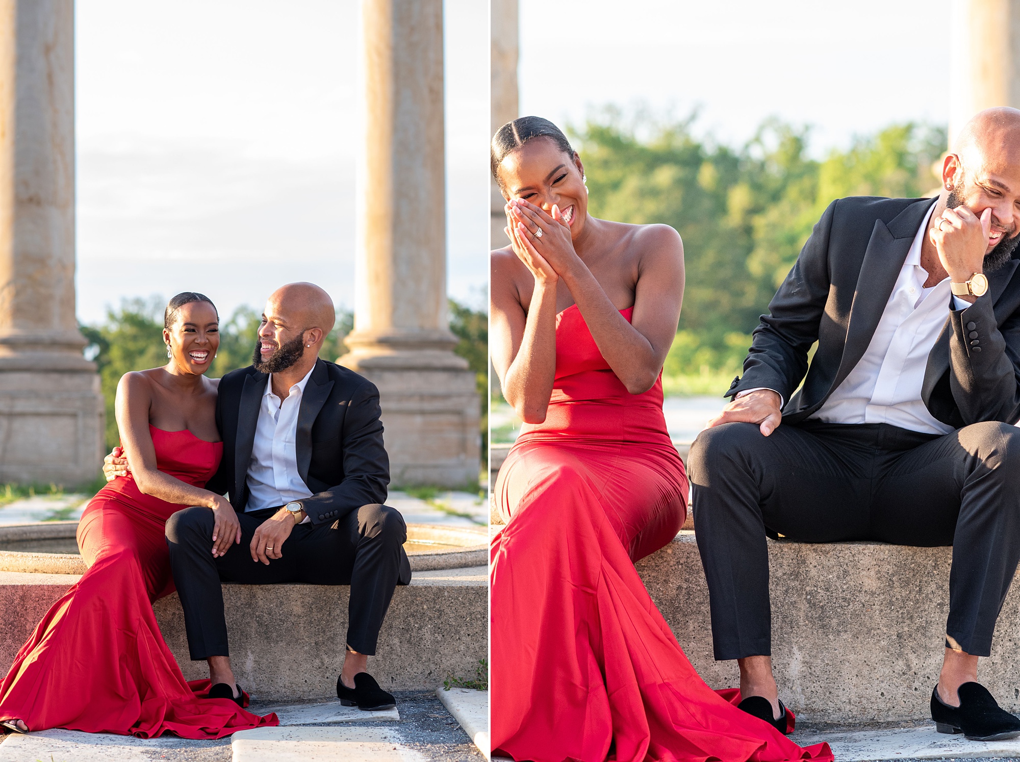 couple laughs together during DC engagement photos 