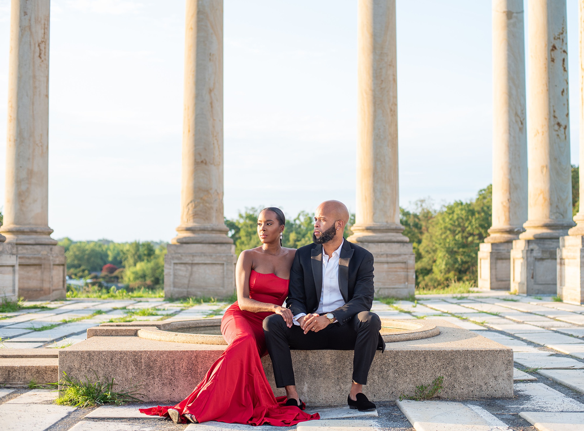 engaged couple poses in National Arboretum during DC engagement session