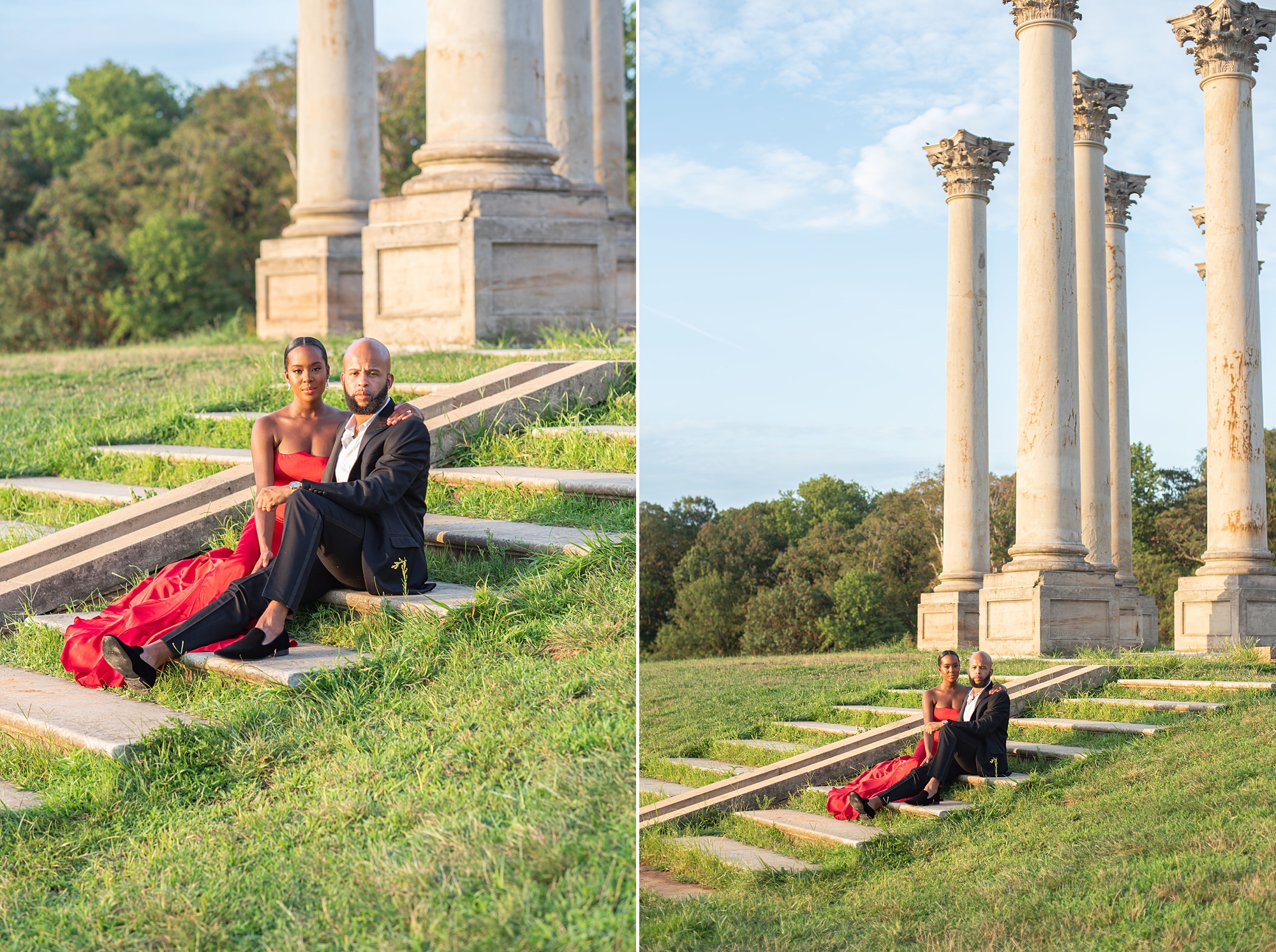 engaged couple sits on steps of National Arboretum