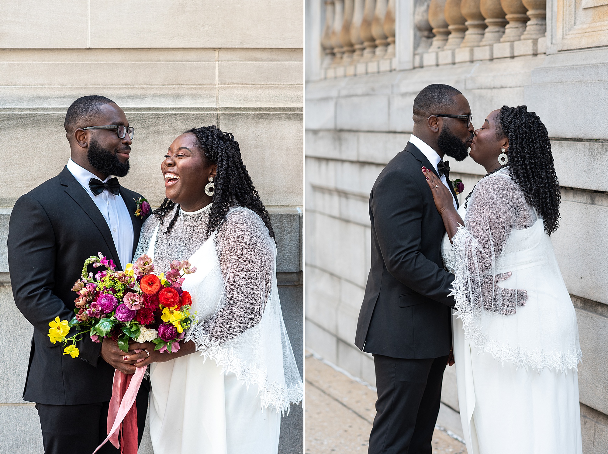 newlyweds pose by courthouse in Baltimore MD