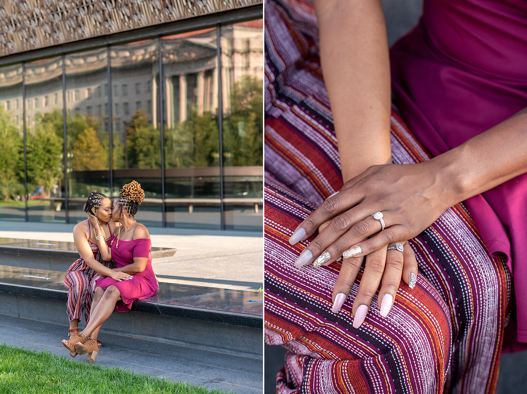 women sit by National Museum of African American History and Culture holding hands