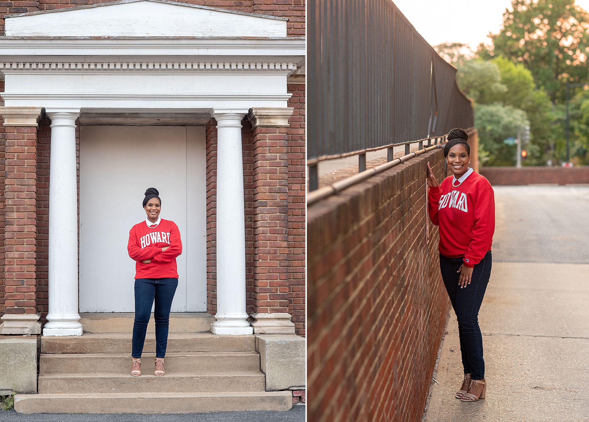 student in red sweatshirt poses by brick wall at Howard University