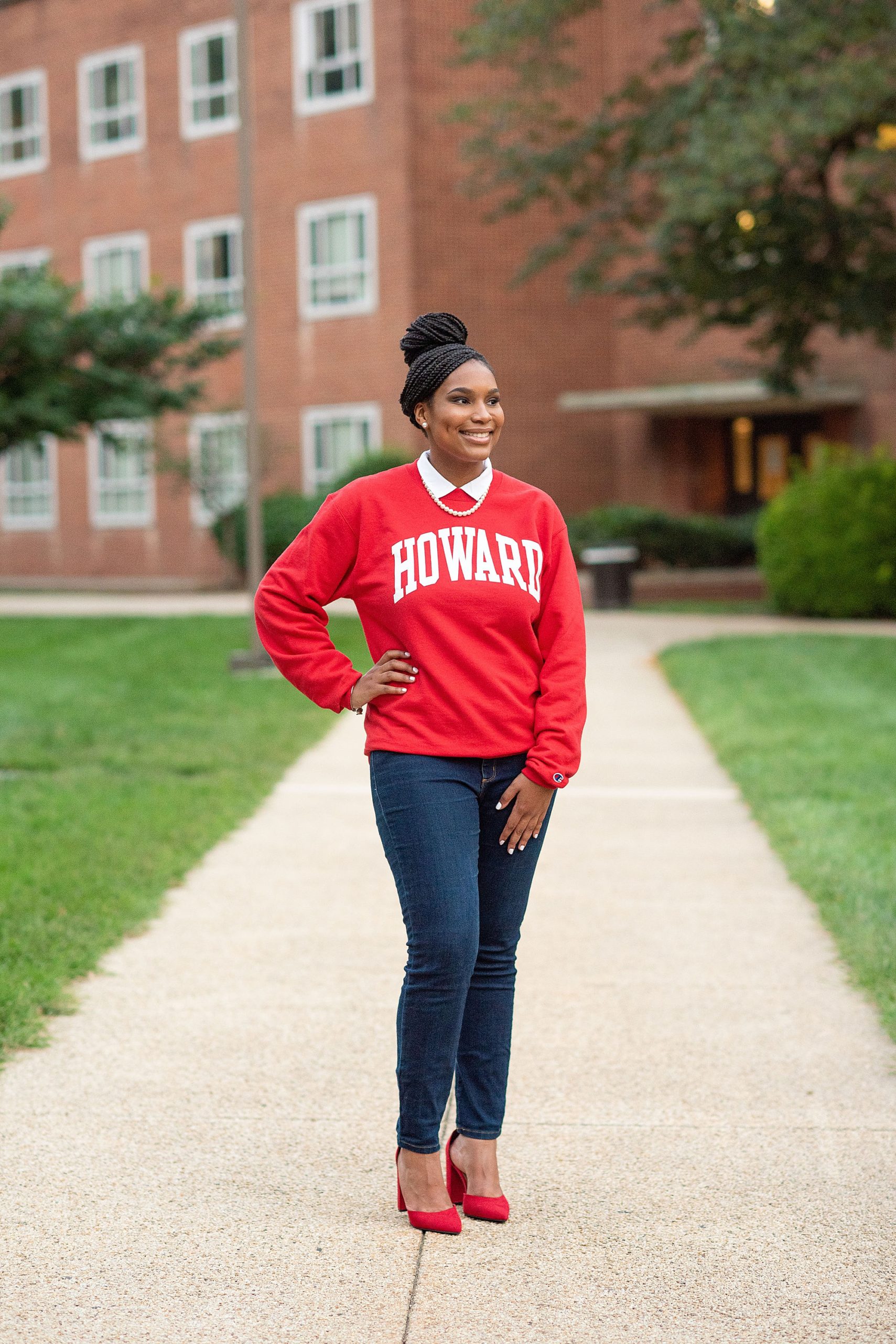 Howard University freshman portraits for student in red sweatshirt 