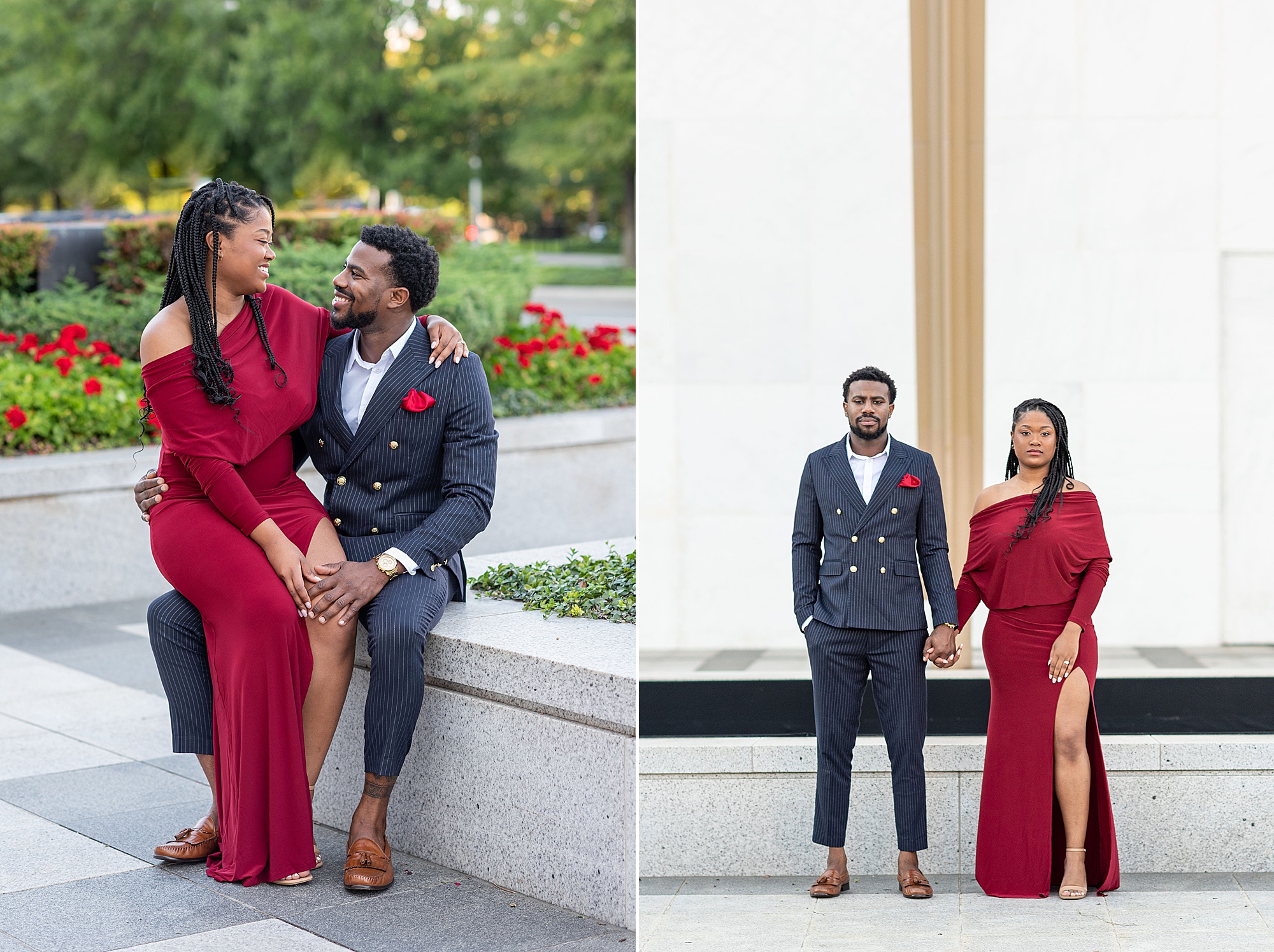 Kennedy Center engagement portraits with couple in formal attire 