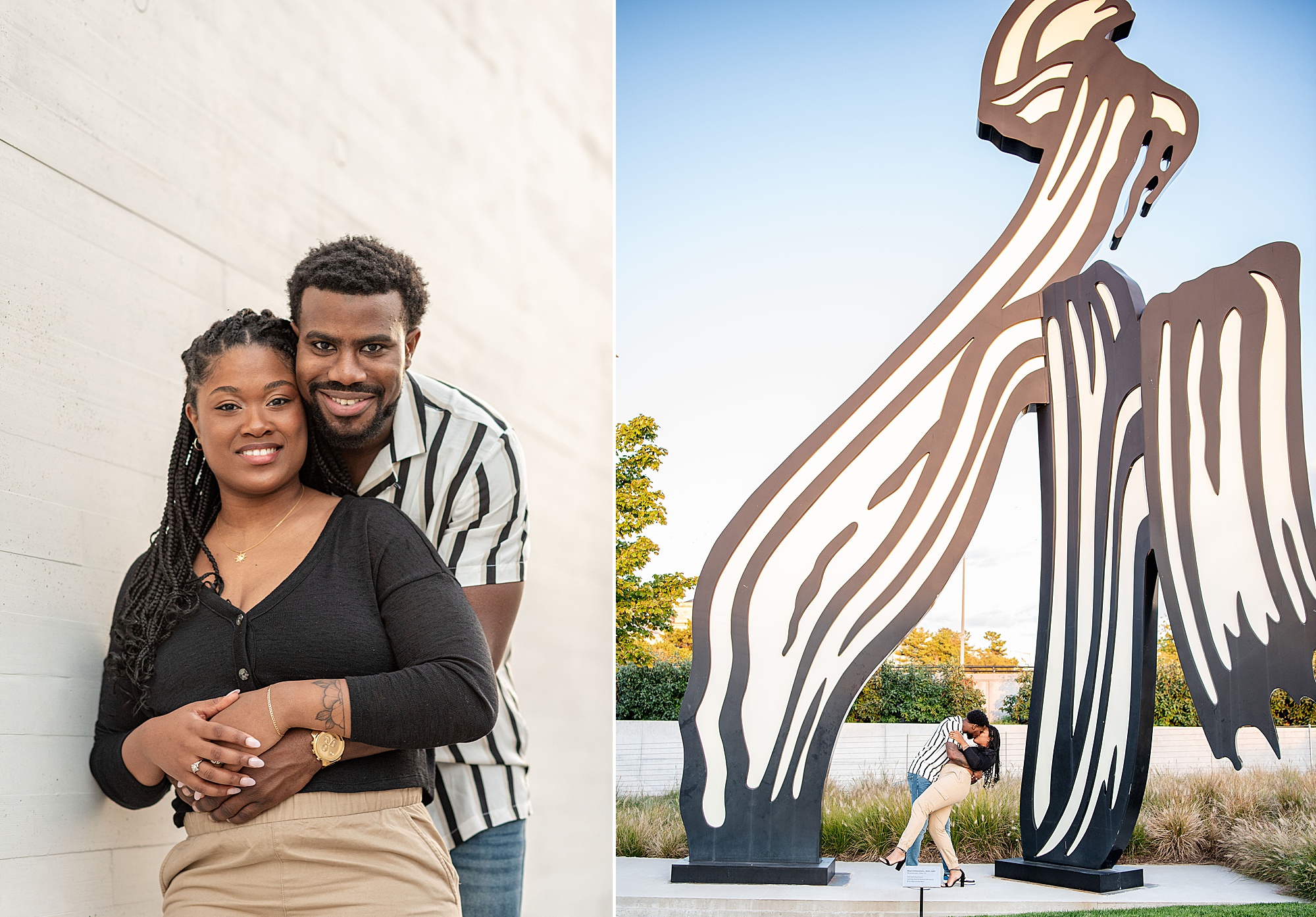 Kennedy Center engagement portraits next to black and white sculpture