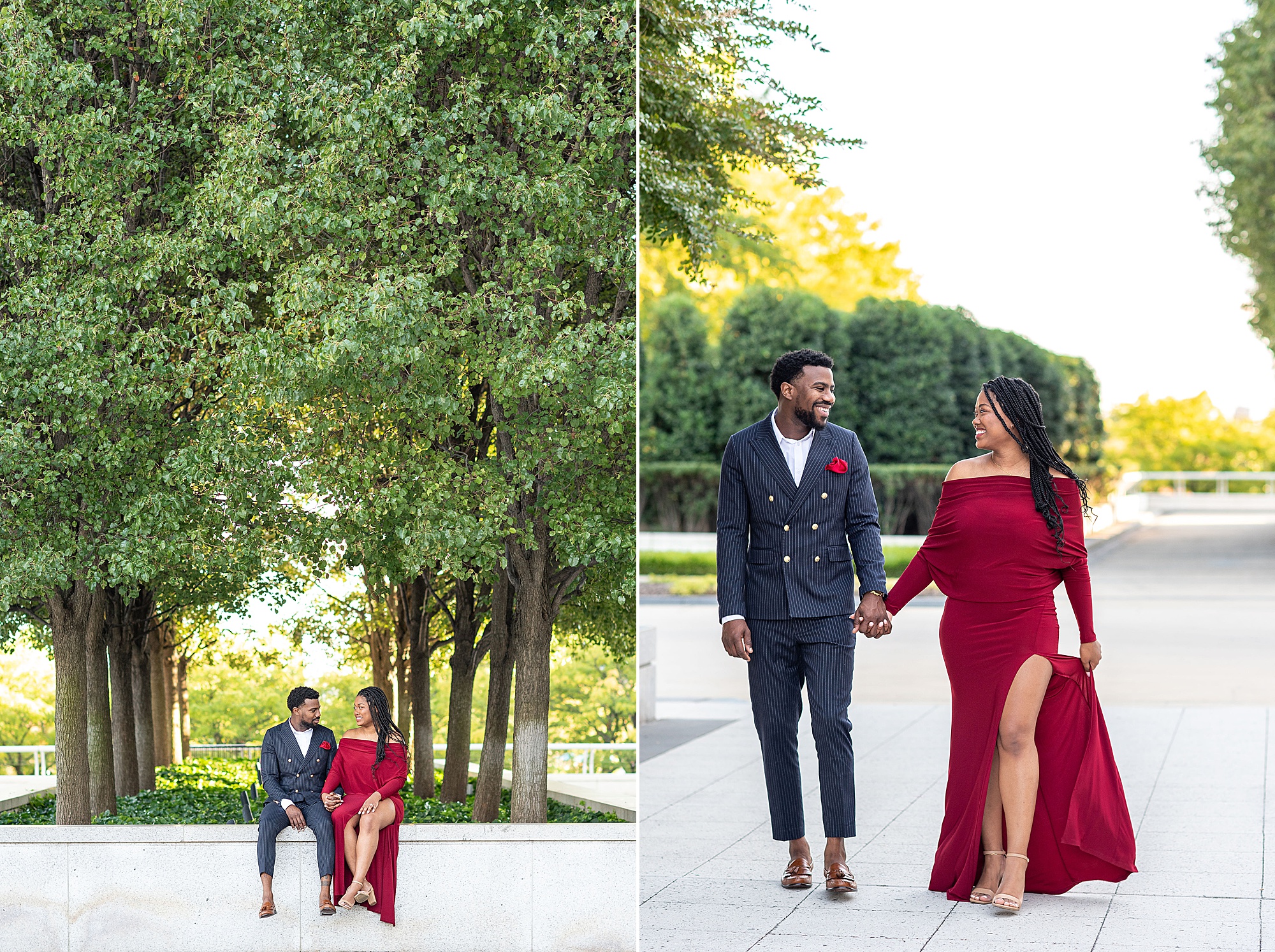 bride and groom hold hands walking together during Kennedy Center engagement portraits