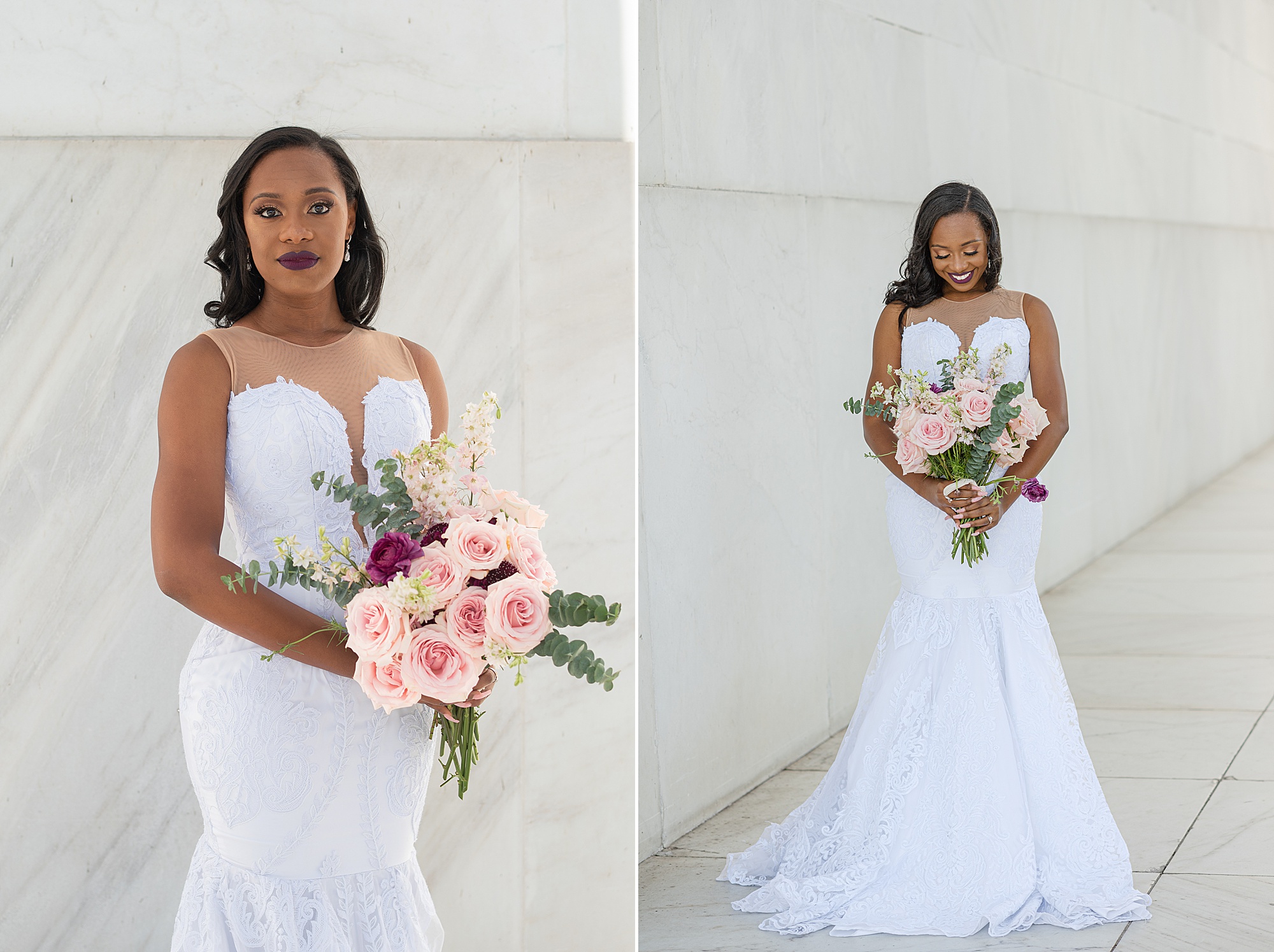 DC bride looks down at pink bouquet during bridal portraits 