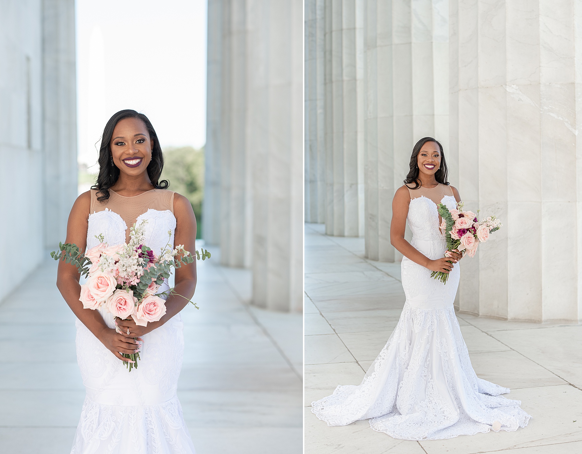 bride stands in wedding gown with pink flowers during DC bridal session