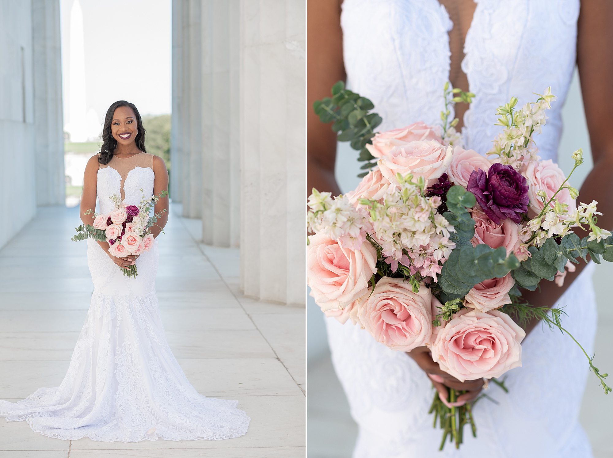 bride holds bouquet of pink and red flowers during Lincoln Memorial bridal portraits