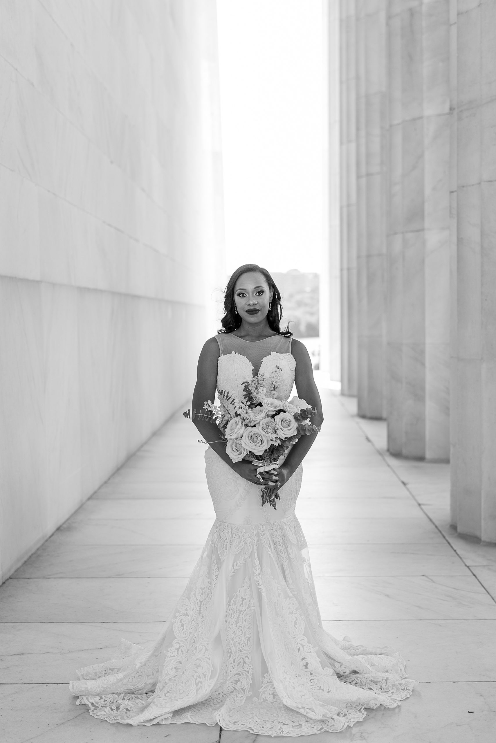 bride smiles during Lincoln Memorial bridal portraits