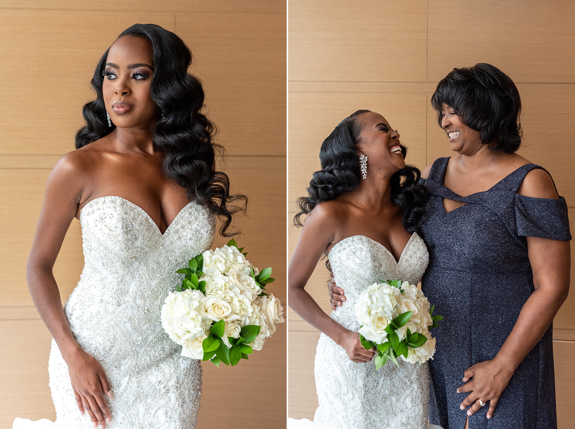 bride and mom laugh together before The Spirit of Washington wedding